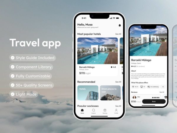 时尚直观旅行旅游酒店航班预订线路规划app ui界面设计figma模板素材Travio – Travel App