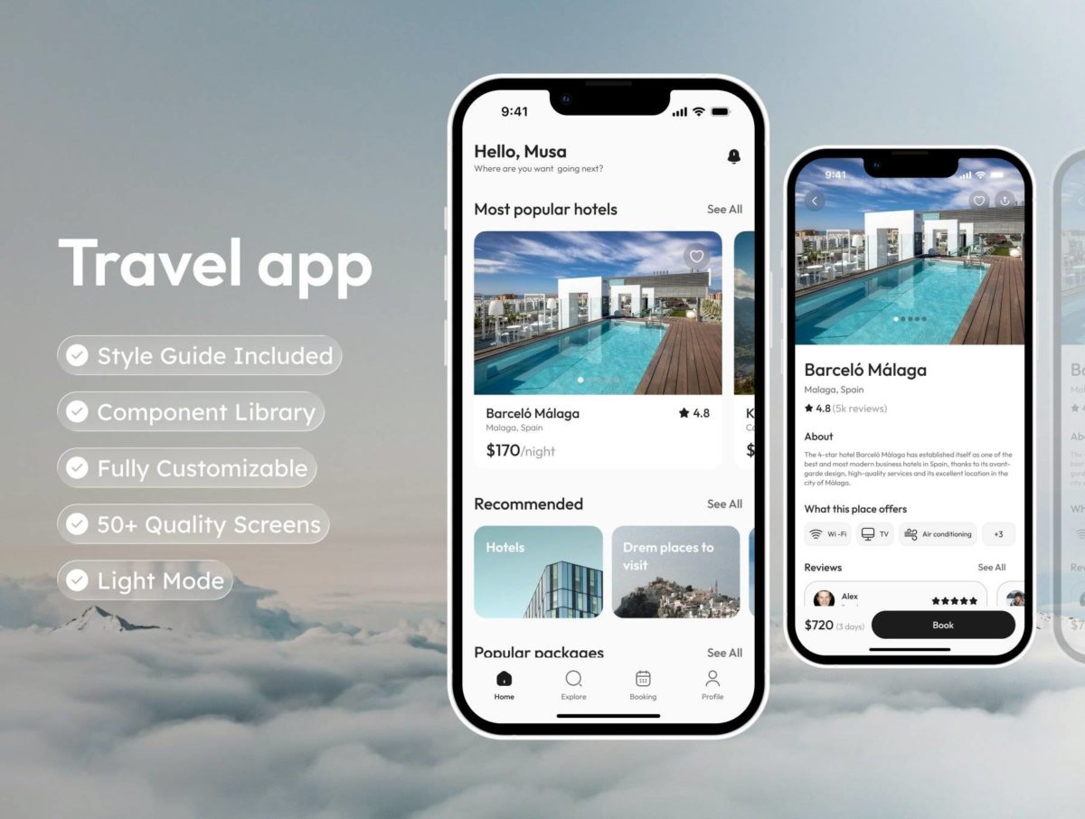 时尚直观旅行旅游酒店航班预订线路规划app ui界面设计figma模板素材Travio – Travel App