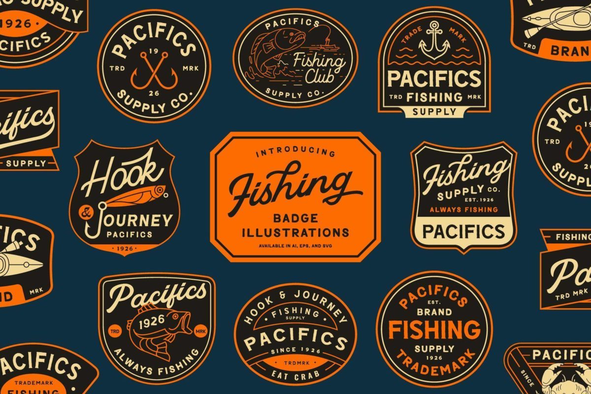 复古钓鱼复杂海洋主题企业徽标徽章logo设计ai矢量模板素材Vintage Fishing Logo Templates