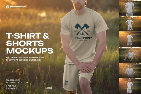 7款户外真实拍摄女士半袖T恤短裤印花图案设计展示效果图PSD样机模板 7 Mockups of Men’s T-Shirt and Shorts Outdoors at Dawn特色图 7款户外真实拍摄女士半袖T恤短裤印花图案设计展示效果图PSD样机模板 7 Mockups of Men’s T-Shirt and Shorts Outdoors at Dawn