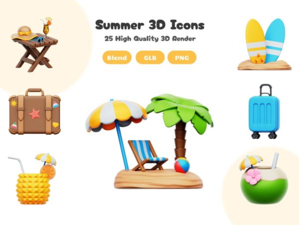 25款高级夏日暑假海边度假旅行装备3D插图图标设计Blender/Png格式素材 Summer Holiday 3D Icons Set