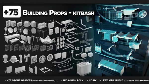 Blender空洞电线广告牌屋顶布料3D资产素材包 Artstation – +75 Building Props – KITBASH – VOL 06