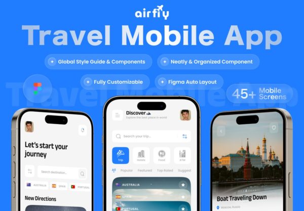 45+屏现代旅游景点路线旅行社app应用程序ui界面设计figma模板套件Airfly – Travel Mobile App UI Kit