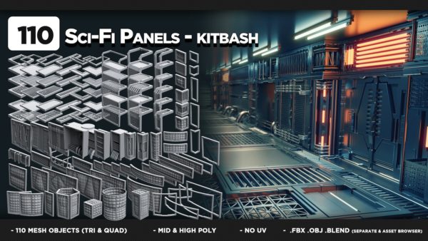Blender模型 110款未来科幻金属面板地板墙壁布料3D资产包 Artstation – 110 Sci-Fi Panels – KITBASH – VOL 07