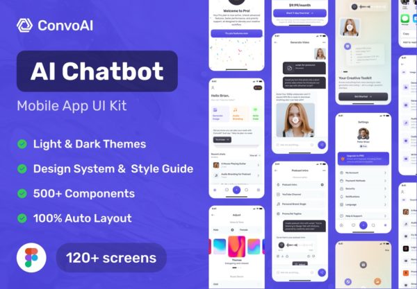120+屏双配色AI智能图片视频音频生成器APP界面UI设计Figma模板素材 ConvoAI – AI Chatbot Mobile UI Kit特色图 120+屏双配色AI智能图片视频音频生成器APP界面UI设计Figma模板素材 ConvoAI – AI Chatbot Mobile UI Kit