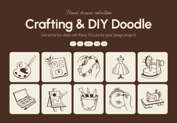 75款创意趣味DIY手绘插画涂鸦风图标Icons设计Ai/Png格式素材 Crafting and DIY Doodle Icon set