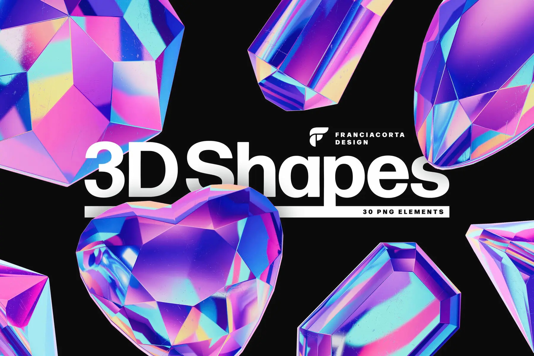 Crystals Collection – 3D Objects Set 30款全息渐变3D立体镀铬宝石水晶PNG免扣插画图片设计元素