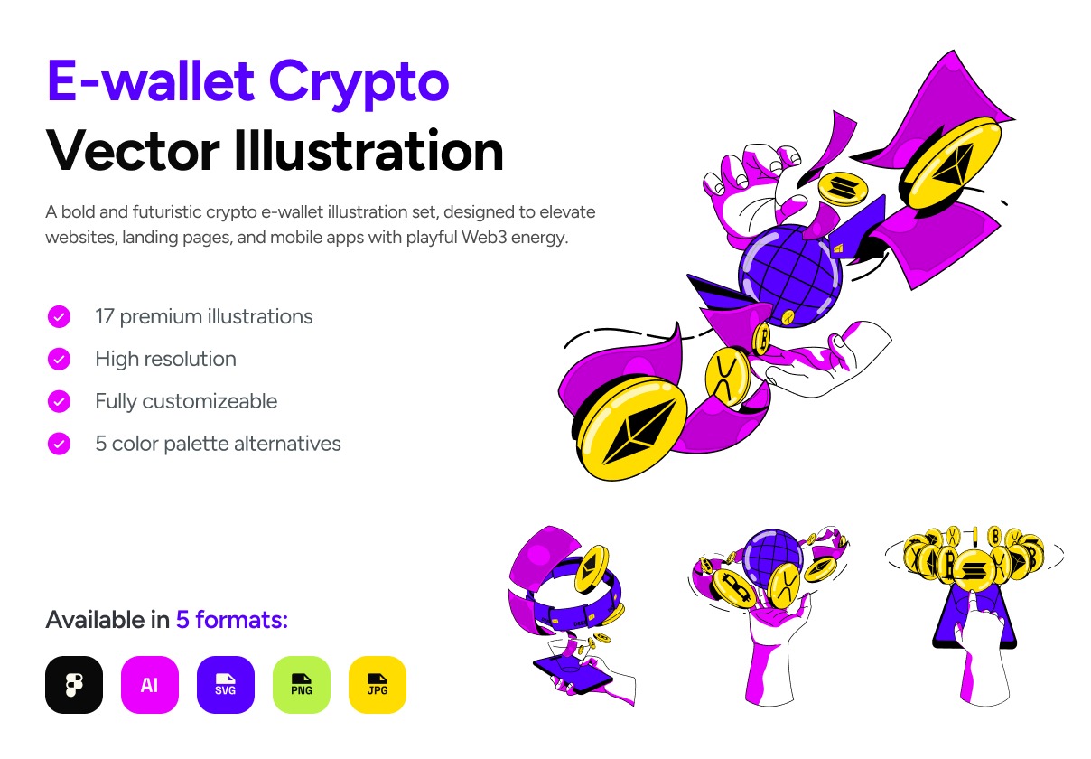 17款未来主义电子加密货币钱包手绘插画插图ai/figma格式设计素材 E-Wallet Crypto Illustration Pack