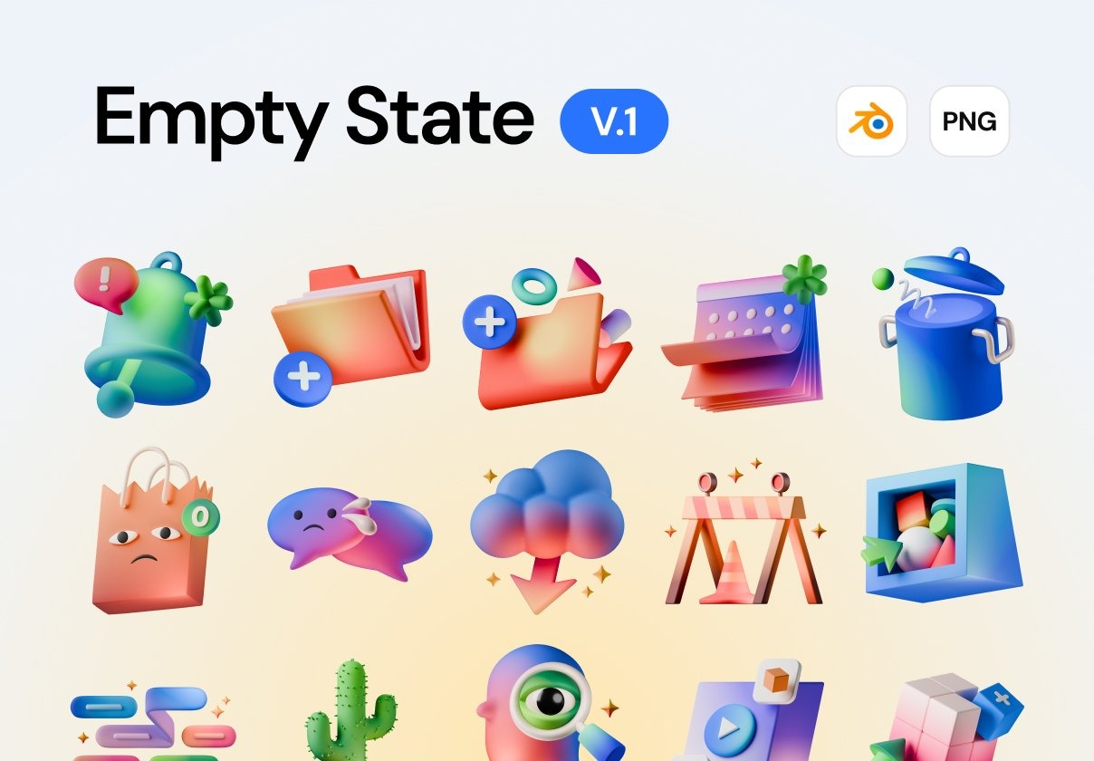 20款多彩渐变3D立体空状态UI界面图标Icons设计Blender/Png格式素材 Empty State v1