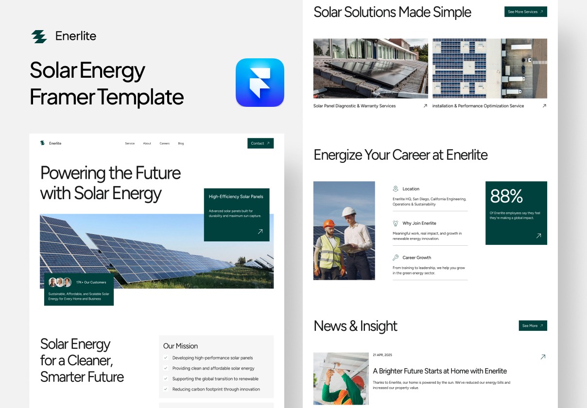 时尚简洁可再生太阳能绿色清洁能源网站UI界面设计Framer模板 Enerlite – Solar & Renewable Energy Company Framer Template
