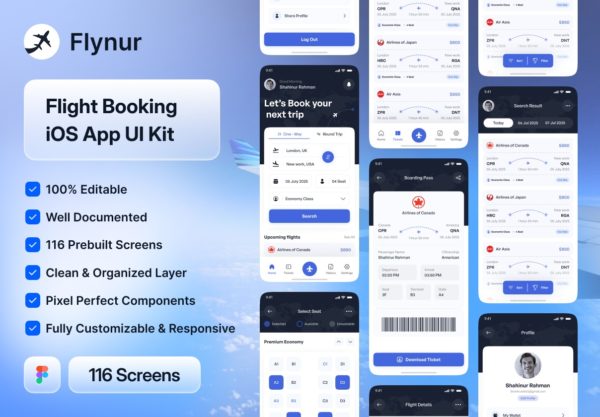 116屏高级航班机票火车票酒店在线预订app界面ui设计figma模板套件 Flynur – Flight Booking Mobile App UI Kit Design特色图 116屏高级航班机票火车票酒店在线预订app界面ui设计figma模板套件 Flynur – Flight Booking Mobile App UI Kit Design