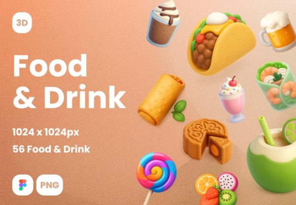 55款逼真活力美食食物饮料3D立体插图图标Icons设计Figma格式素材 Food & Drink 3D Icon Illustrations