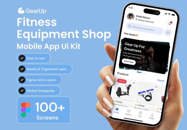 100+屏双配色健身器材配件运动服电子商城app ui界面设计figma模板套件 GearUp Fitness Equipment Shop App Ui Kit
