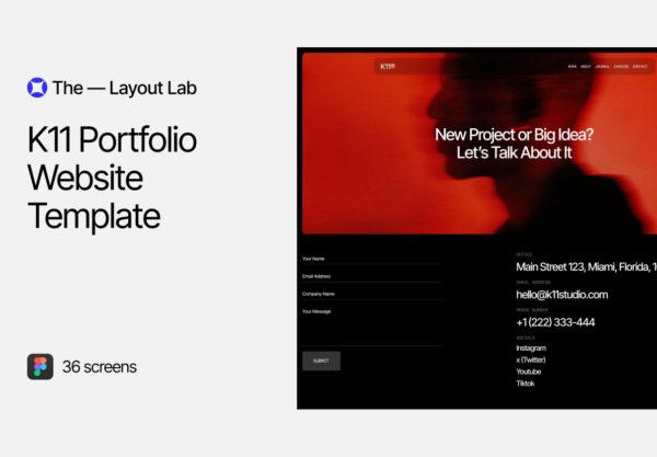 36屏现代极简美学创意机构艺术品摄影设计工作室作品集网站UI界面设计Figma模板 K11 Portfolio Website Template