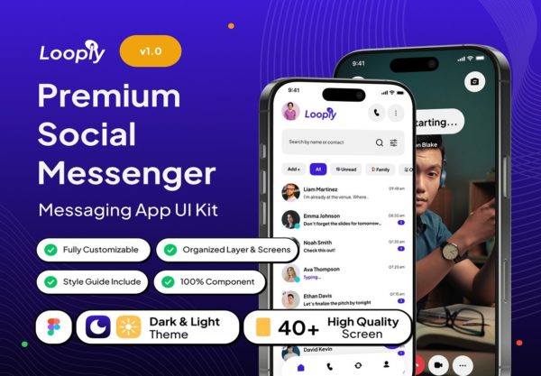 40+屏高级社交媒体交友聊天视频通话app应用程序ui界面设计figma模板 Looply – Premium Social Messenger App UI Kit特色图 40+屏高级社交媒体交友聊天视频通话app应用程序ui界面设计figma模板 Looply – Premium Social Messenger App UI Kit