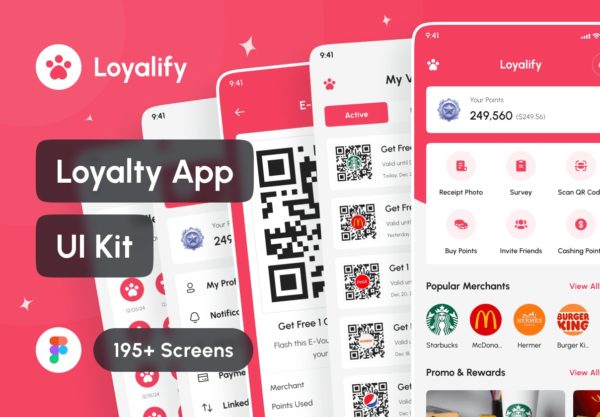 195+屏电商外卖优惠券折扣券积分兑换app ui界面设计figma模板素材 Loyalify – Loyalty App UI Kit