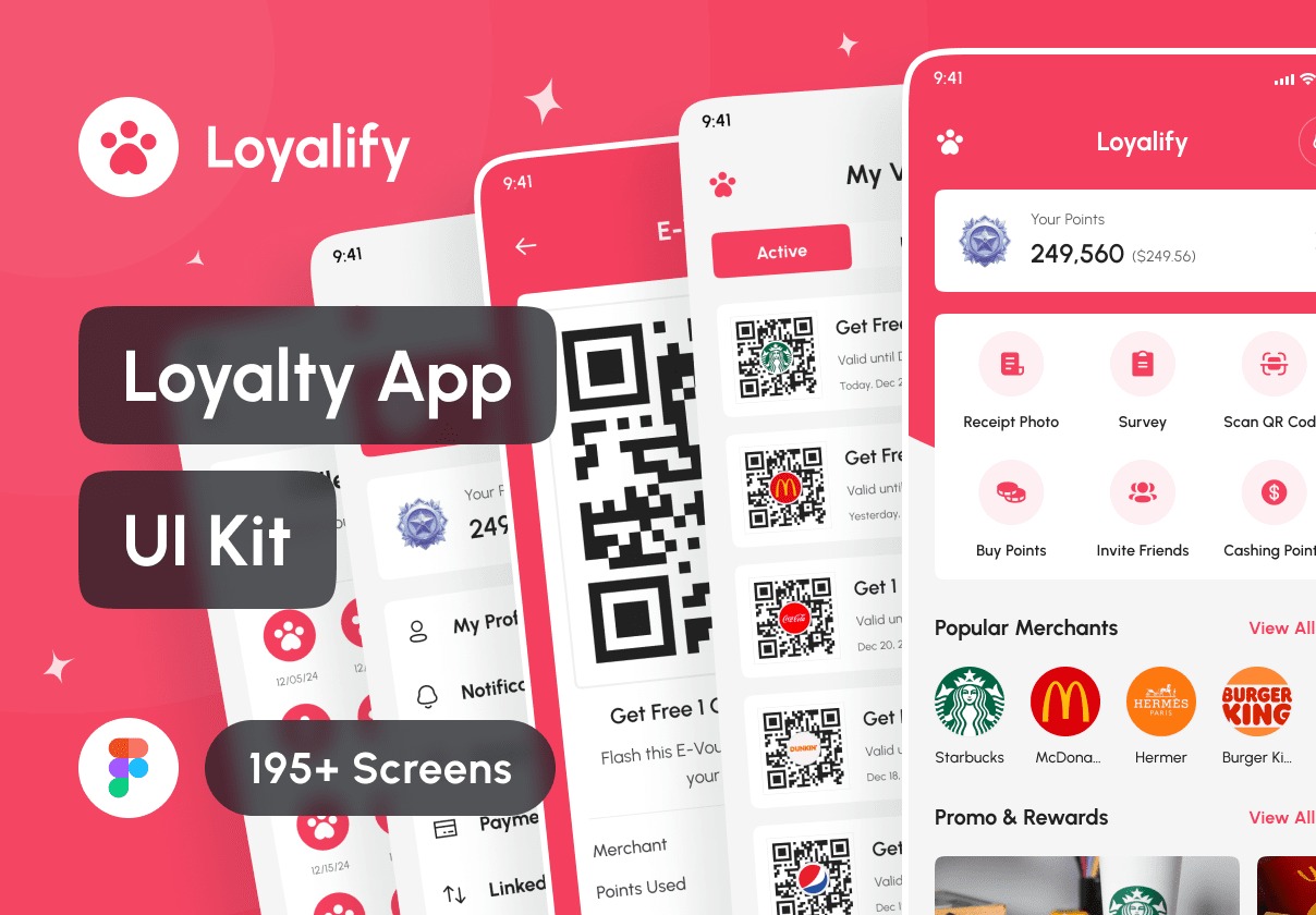 195+屏电商外卖优惠券折扣券积分兑换app ui界面设计figma模板素材 Loyalify – Loyalty App UI Kit