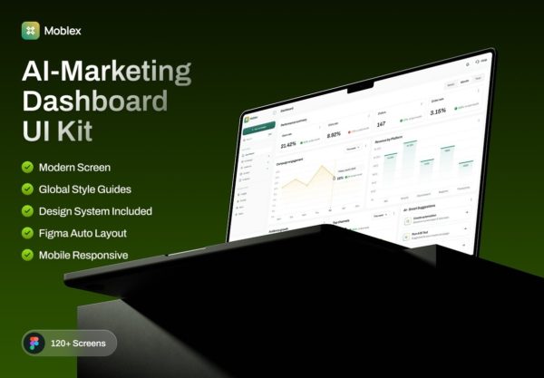120屏AI智能海报图像视频生成器SaaS服务平台网站UI界面设计Figma模板 Moblex – AI Marketing Dashboard UI Kit特色图 120屏AI智能海报图像视频生成器SaaS服务平台网站UI界面设计Figma模板 Moblex – AI Marketing Dashboard UI Kit