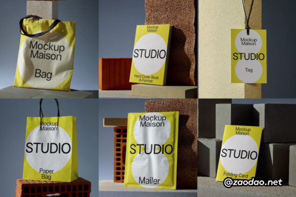 7款小众书籍吊牌卡片包装盒手提袋帆布袋品牌VI设计PS智能贴图样机模板 Mockup.Maison – Bricks Collection P2特色图 7款小众书籍吊牌卡片包装盒手提袋帆布袋品牌VI设计PS智能贴图样机模板 Mockup.Maison – Bricks Collection P2