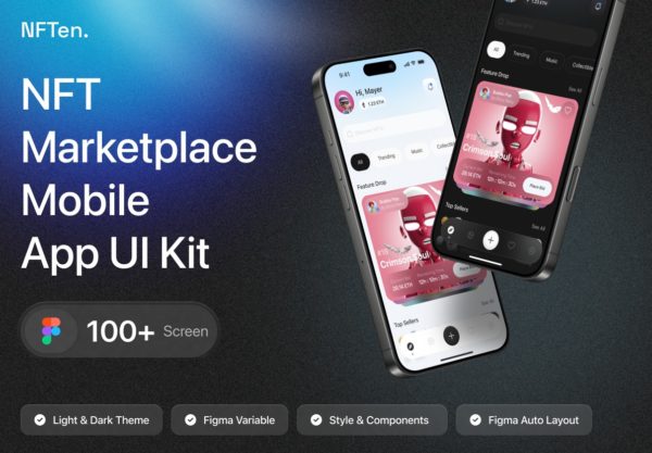 100+屏高级双配色NFT虚拟艺术物品在线交易平台APP UI界面设计Figma模板套件 NFTen – NFT Marketplace App UI Kit特色图 100+屏高级双配色NFT虚拟艺术物品在线交易平台APP UI界面设计Figma模板套件 NFTen – NFT Marketplace App UI Kit