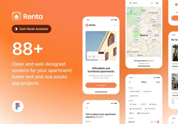 88+屏民宿酒店房屋公寓出租租赁app ui界面设计figma模板套件 Renta – Apartment Rent UI Kit特色图 88+屏民宿酒店房屋公寓出租租赁app ui界面设计figma模板套件 Renta – Apartment Rent UI Kit