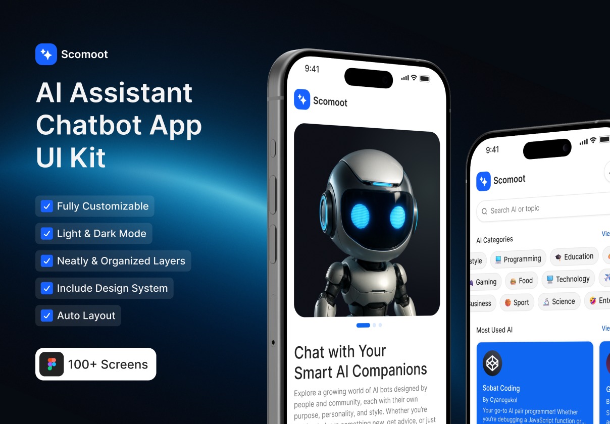 100+屏双配色AI智能聊天助手机器人应用程序APP UI界面设计Figma模板套件 Scomoot - AI Assistant ...