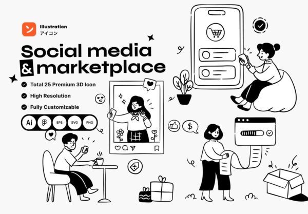 25款极简社交媒体人物办公日常生活场景黑白插画设计Ai/Figma格式素材 Social Media & Marketplace Illustration