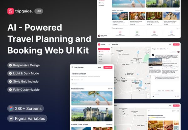 280+屏响应式AI智能旅行线路景点规划门票酒店预订网站UI界面设计figma模板套件 Tripguide – AI Travel Planning and Booking UI Kit特色图 280+屏响应式AI智能旅行线路景点规划门票酒店预订网站UI界面设计figma模板套件 Tripguide – AI Travel Planning and Booking UI Kit