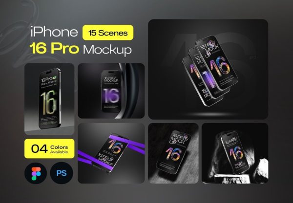 15款黑暗工业风ui作品设计苹果iPhone 16 Pro展示效果图PS贴图样机模板 iPhone 16 Pro Mockup Set – 15 Scene