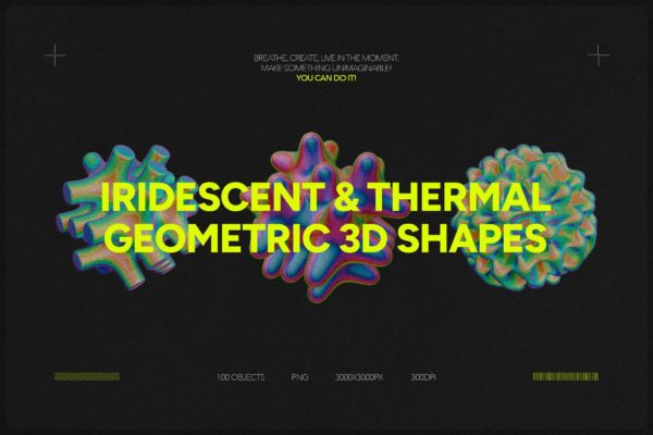 100款未来科幻彩虹色渐变抽象艺术几何图形PNG免抠图设计素材 Iridescent & Thermal Geometric 3D Shapes