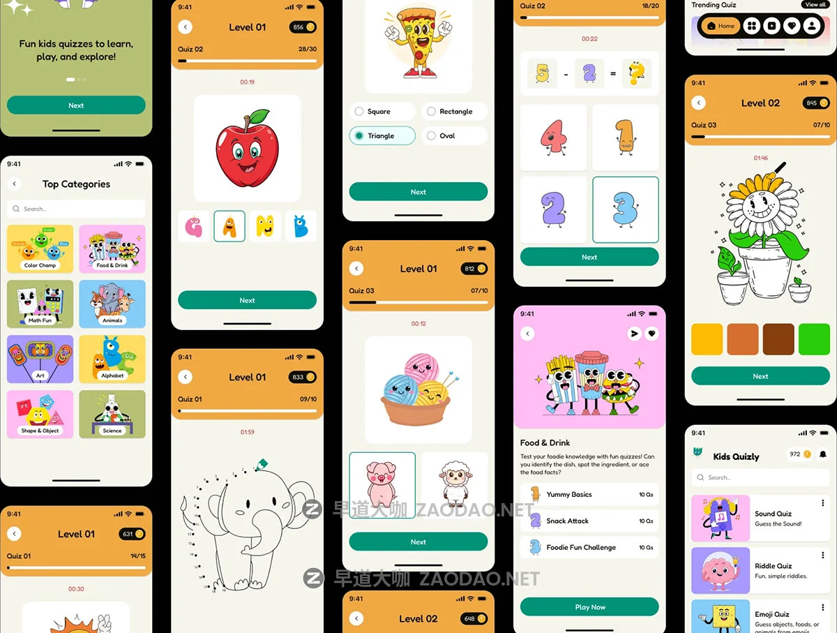 140+屏高级有趣婴儿儿童启蒙教育学习问答游戏app应用程序ui界面设计figma模板 Kids Quizly – Fun & Educational App UI Kit插图4 140+屏高级有趣婴儿儿童启蒙教育学习问答游戏app应用程序ui界面设计figma模板 Kids Quizly – Fun & Educational App UI Kit插图4