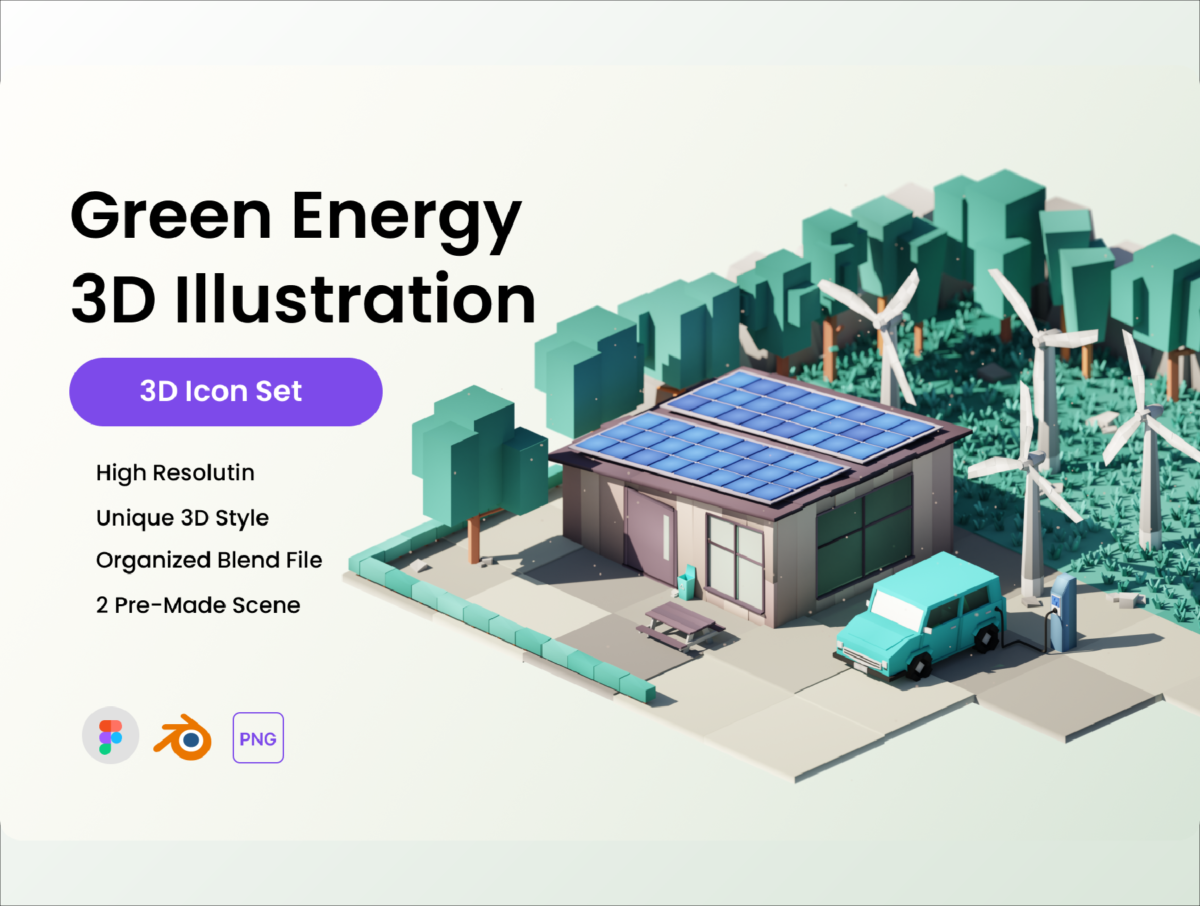 高清3D立体绿色能源风力太阳能发电场景插图设计Blender/Figma格式素材 Green Energy 3D Illustration
