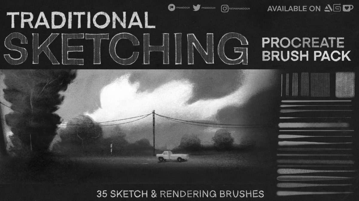 逼真铅笔石墨木炭笔素描线条绘画procreate笔刷画笔设计素材 Traditional Sketching Brushes for Procreate