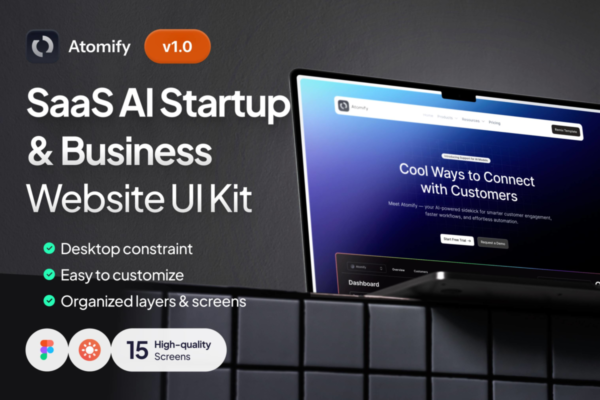 15屏现代AI智能技术SaaS服务平台网站登录页面UI设计Figma模板套件 Atomify – SaaS AI Landing Page Kit