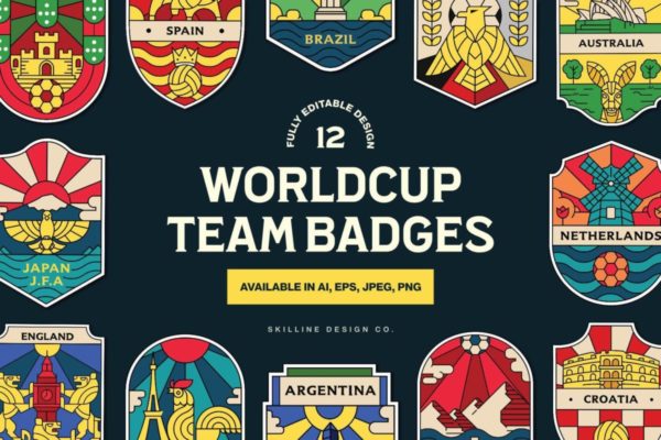 创意体育足球球队俱乐部品牌徽标徽章logo设计ai矢量素材 World Cup Team Badges Collection特色图 创意体育足球球队俱乐部品牌徽标徽章logo设计ai矢量素材 World Cup Team Badges Collection