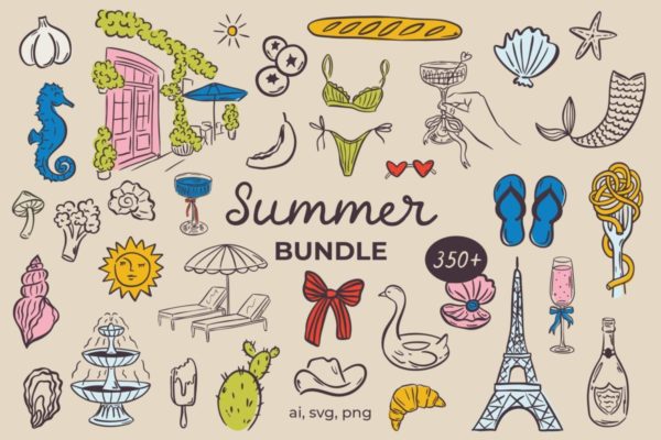 350+款夏季海滩度假排队服装水果酒杯鱼类边框婚礼主题手绘插画ai矢量设计素材 Whimsical Summer Bundle