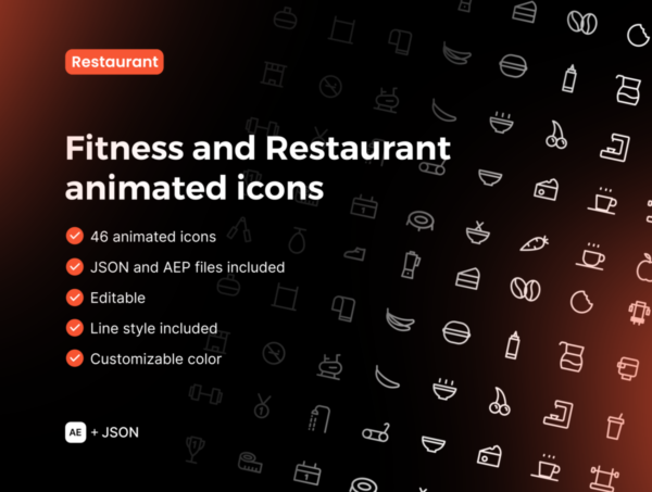 46款美食餐厅健身动画图标Icons设计AE格式文件素材 Fitness, Food and Restaurant animated icons特色图 46款美食餐厅健身动画图标Icons设计AE格式文件素材 Fitness, Food and Restaurant animated icons