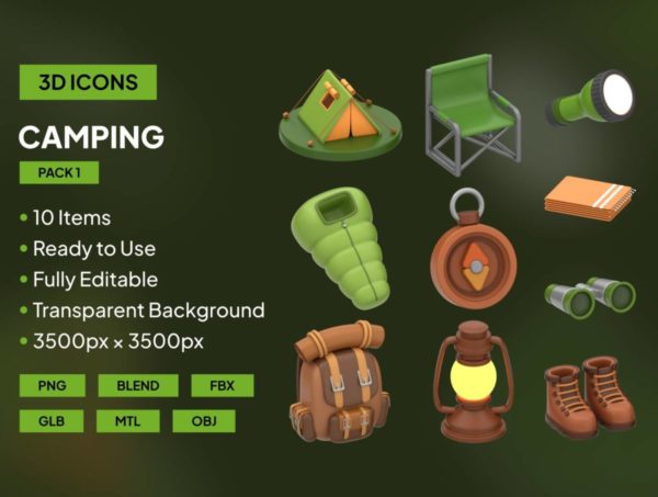 10款3D立体露营冒险探险爬山图标Icons设计blender/obj/png格式素材 10 3D Camping Icons特色图 10款3D立体露营冒险探险爬山图标Icons设计blender/obj/png格式素材 10 3D Camping Icons