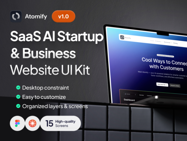 极简AI智能网络科技公司SaaS服务平台网站用户界面UI设计Figma模板套件 Atomify – SaaS & AI Startup Landing Page UI Kit