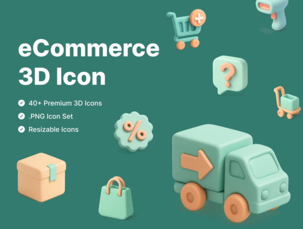 40款在线购物商城物流快递送货3D立体图标icons设计figma/png格式素材 eCommerce 3D Icon Bundle