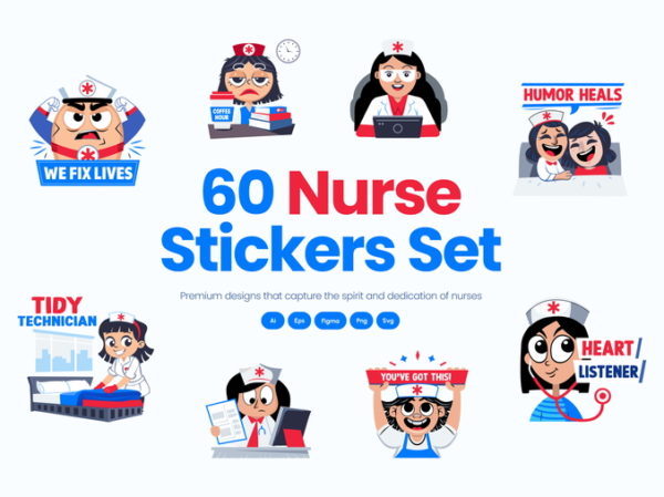 60款趣味创意护士微笑贴纸标签设计ai矢量图形设计素材 Nurse Stickers Collection