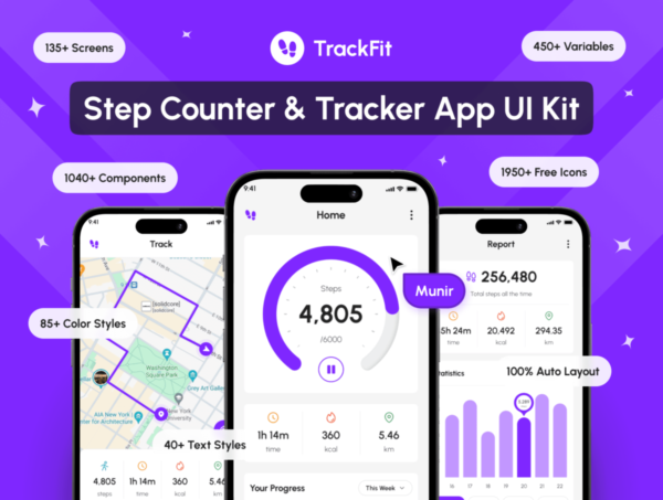 135+屏地图实时轨迹跟踪器计步器app应用程序ui界面设计figma模板套件 TrackFit – Step Counter & Tracker App UI Kit特色图 135+屏地图实时轨迹跟踪器计步器app应用程序ui界面设计figma模板套件 TrackFit – Step Counter & Tracker App UI Kit