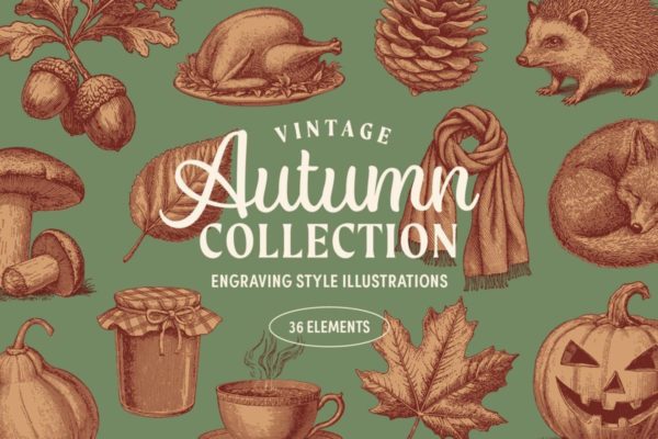 36幅复古秋季动物食物手绘矢量插图插画ai矢量设计素材 Vintage Autumn Illustrations