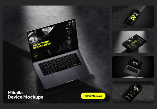 18款黑化风苹果iPhone手机MacBook电脑iPad平板演示效果图Ps贴图样机模板素材 Mikaila Device Mockups特色图 18款黑化风苹果iPhone手机MacBook电脑iPad平板演示效果图Ps贴图样机模板素材 Mikaila Device Mockups
