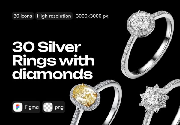 30款高清3D立体婚戒银戒指钻石珠宝图片figma/png格式设计素材 3D Silver Rings with diamonds Pack特色图 30款高清3D立体婚戒银戒指钻石珠宝图片figma/png格式设计素材 3D Silver Rings with diamonds Pack