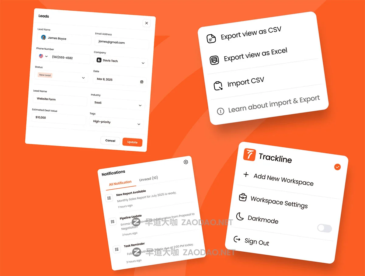 100+屏时尚现代CRM团队项目管理销售数据看板仪表盘SaaS服务后台UI界面设计Figma模板套件 Trackline – SaaS CRM Dashboard UI Kit插图4 100+屏时尚现代CRM团队项目管理销售数据看板仪表盘SaaS服务后台UI界面设计Figma模板套件 Trackline – SaaS CRM Dashboard UI Kit插图4