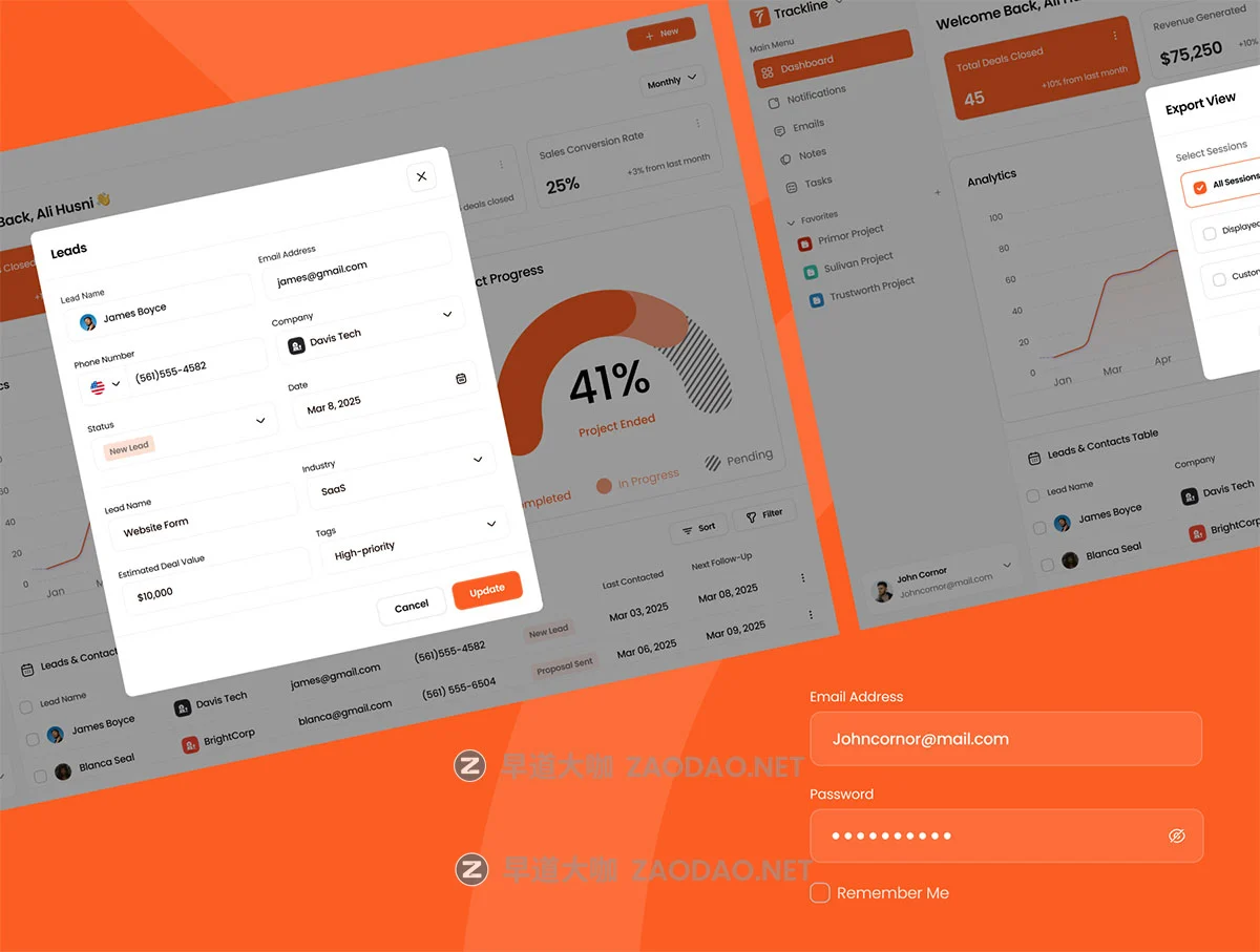100+屏时尚现代CRM团队项目管理销售数据看板仪表盘SaaS服务后台UI界面设计Figma模板套件 Trackline – SaaS CRM Dashboard UI Kit插图5 100+屏时尚现代CRM团队项目管理销售数据看板仪表盘SaaS服务后台UI界面设计Figma模板套件 Trackline – SaaS CRM Dashboard UI Kit插图5