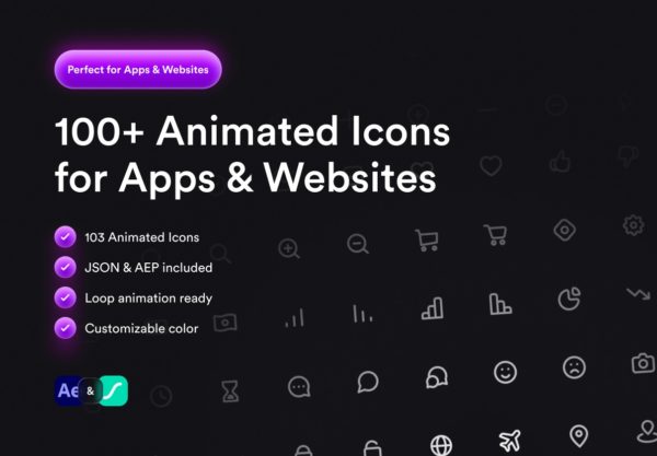 100+款现代时尚app网站ui界面动态图标icons设计ae格式文件素材 Animated Icons Pack – Minimal UI/UX Essentials (Lottie JSON & AEP)