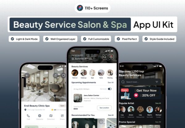 110+款美容美发美体沙龙SPA水疗app用户应用ui界面设计figma模板套件 Biuti – Beauty Service Salon & Spa Mobile App UI Kit特色图 110+款美容美发美体沙龙SPA水疗app用户应用ui界面设计figma模板套件 Biuti – Beauty Service Salon & Spa Mobile App UI Kit