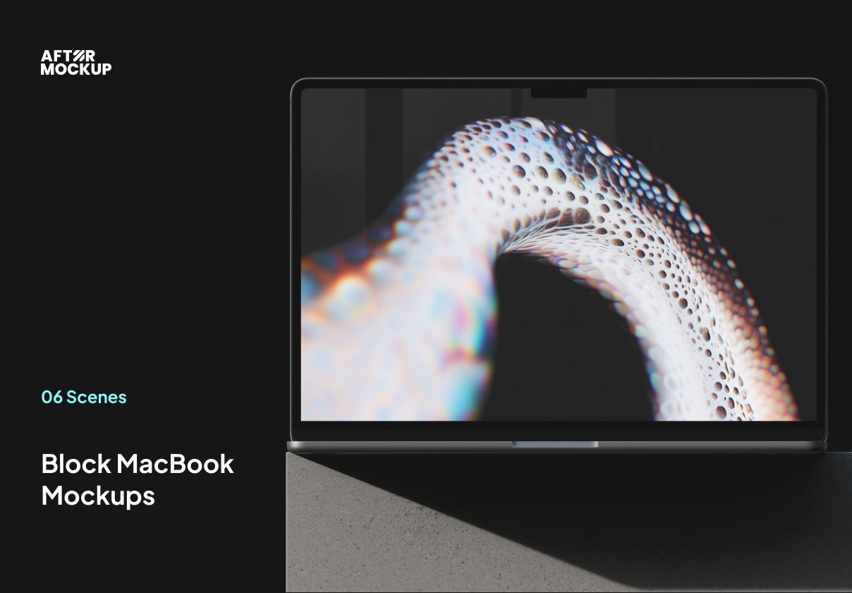 6款工业风混凝土背景网站UI界面设计苹果MacBook笔记本电脑展示效果图PSD样机模板 Block MacBook Mockups Bundle